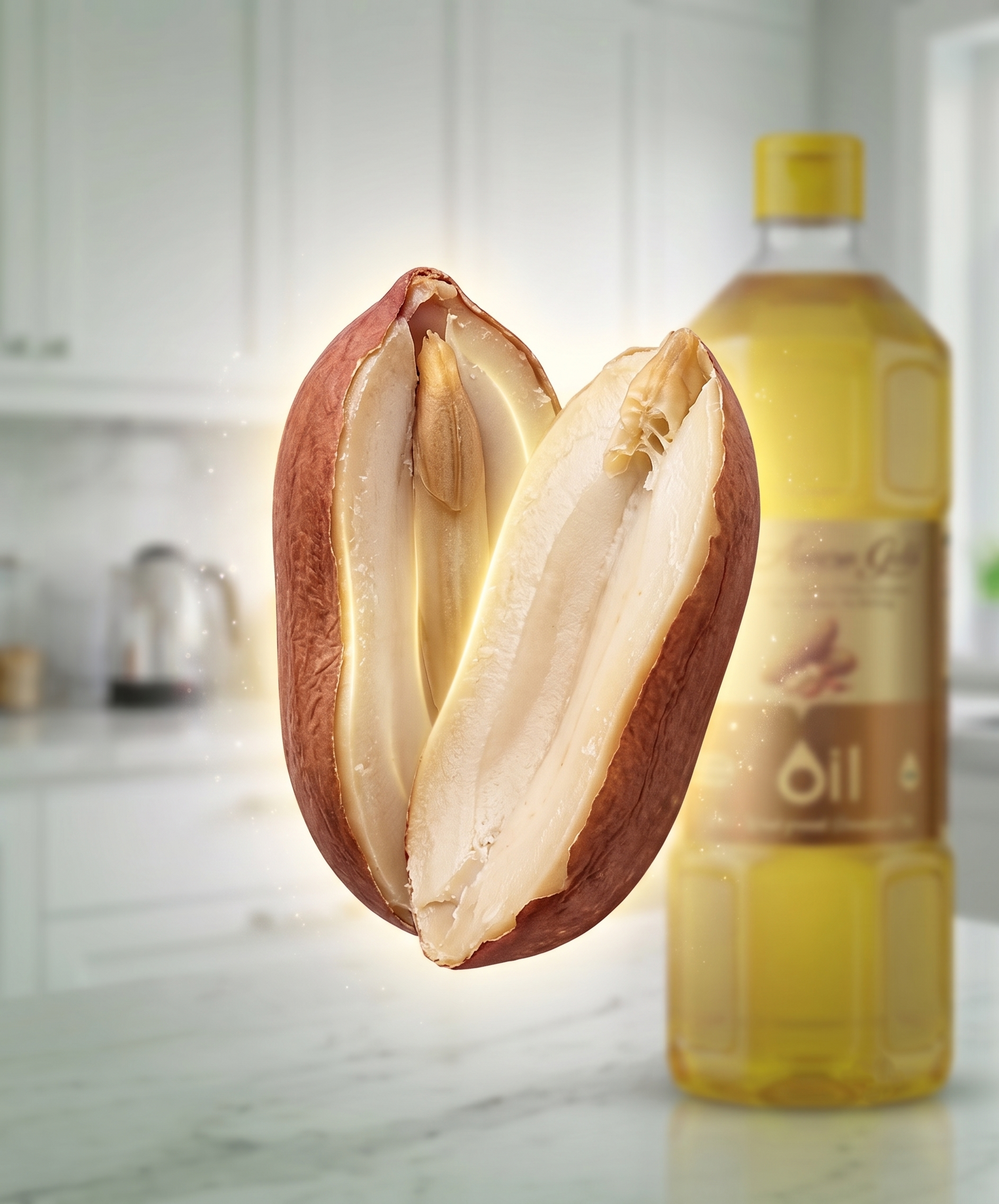 Groundnut seed and kernel shown beside a bottle of groundnut oil
