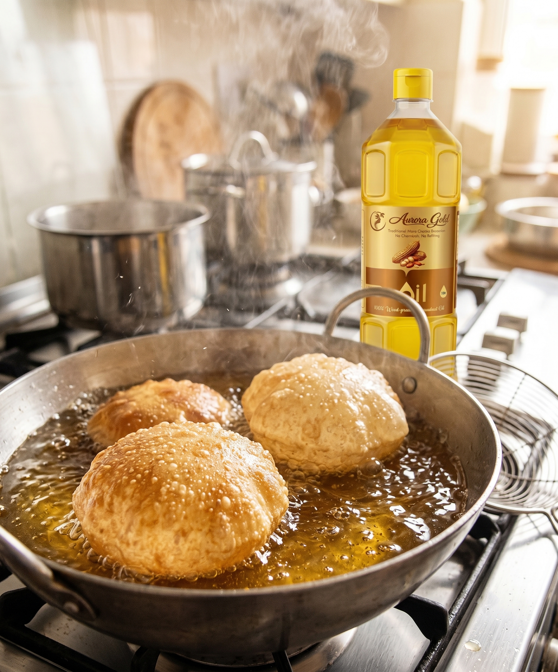 Puris frying in hot groundnut oil in a home kitchen