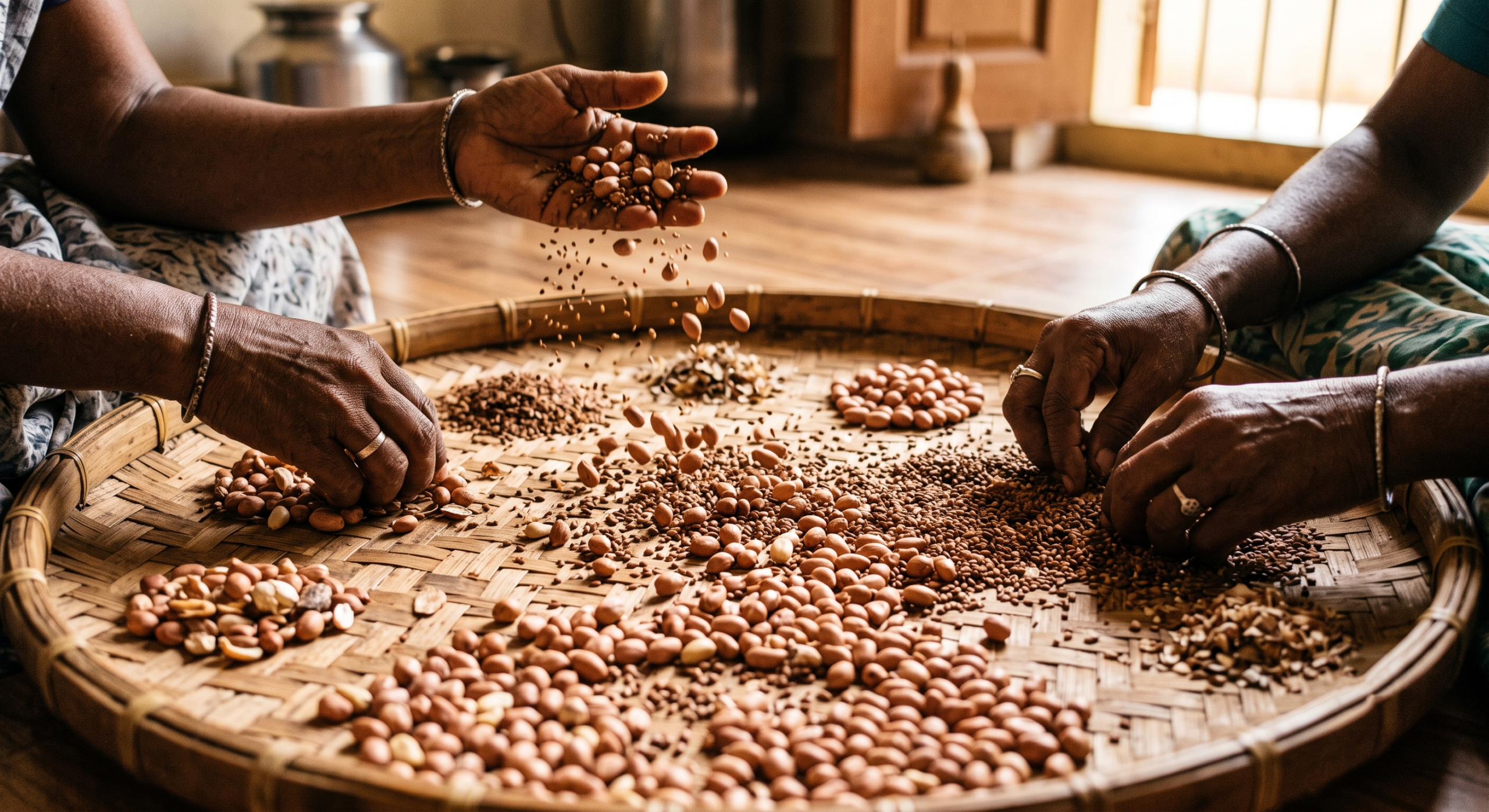 Groundnuts sorted and prepared before traditional oil pressing