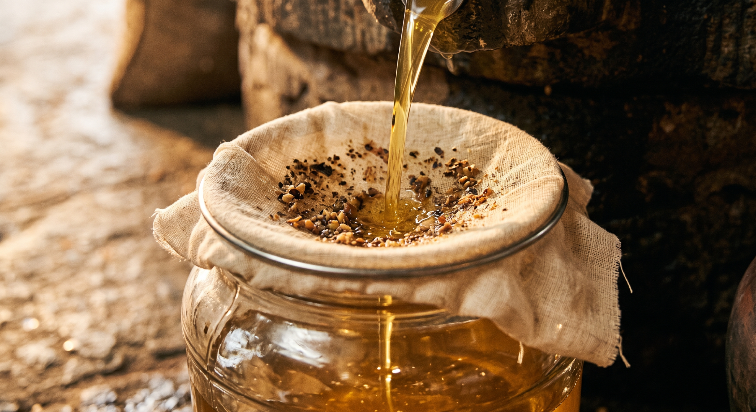 Freshly pressed oil being collected from a traditional wooden press