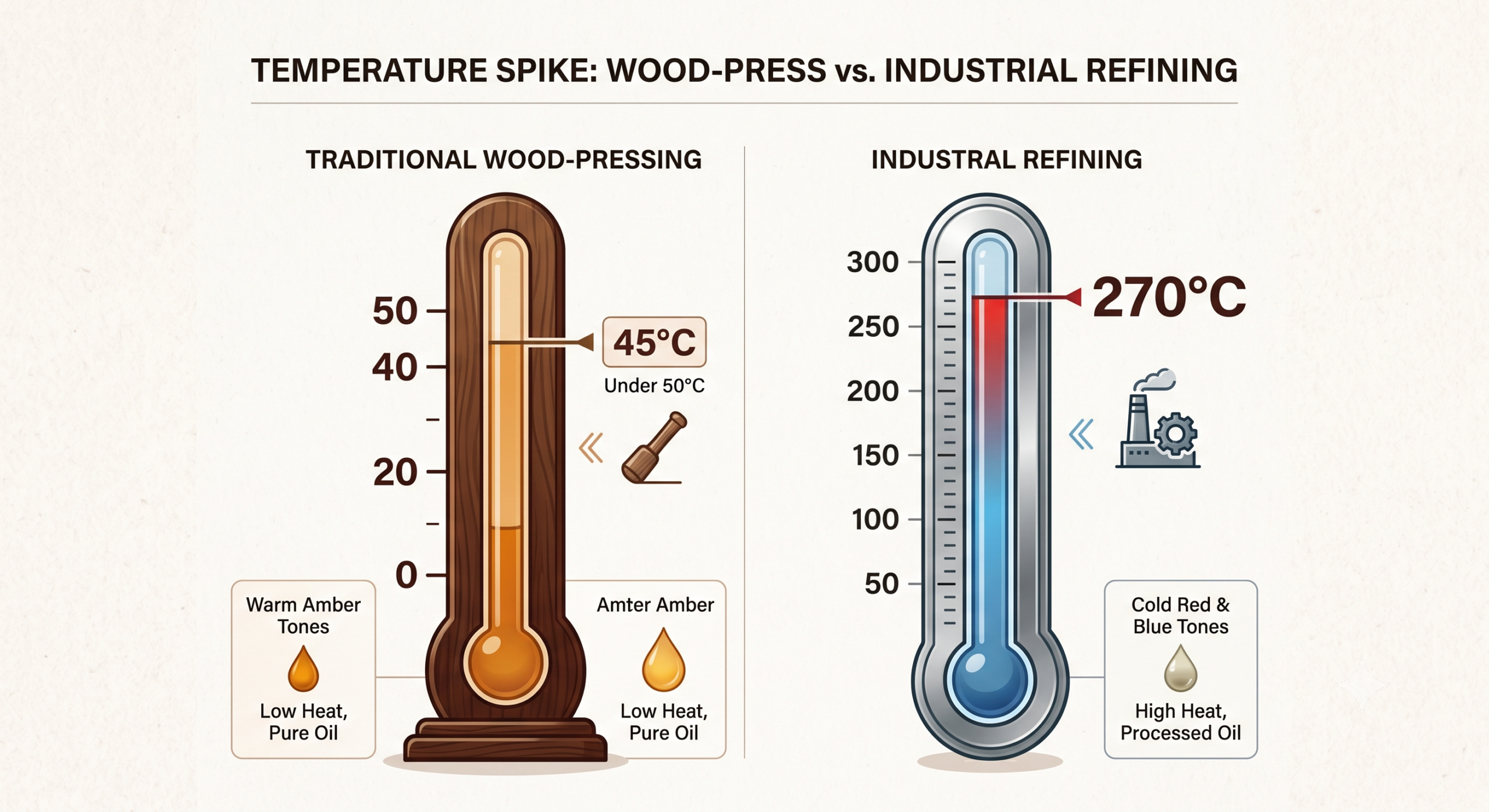Infographic comparing temperatures in wood-pressed and industrial oil processing