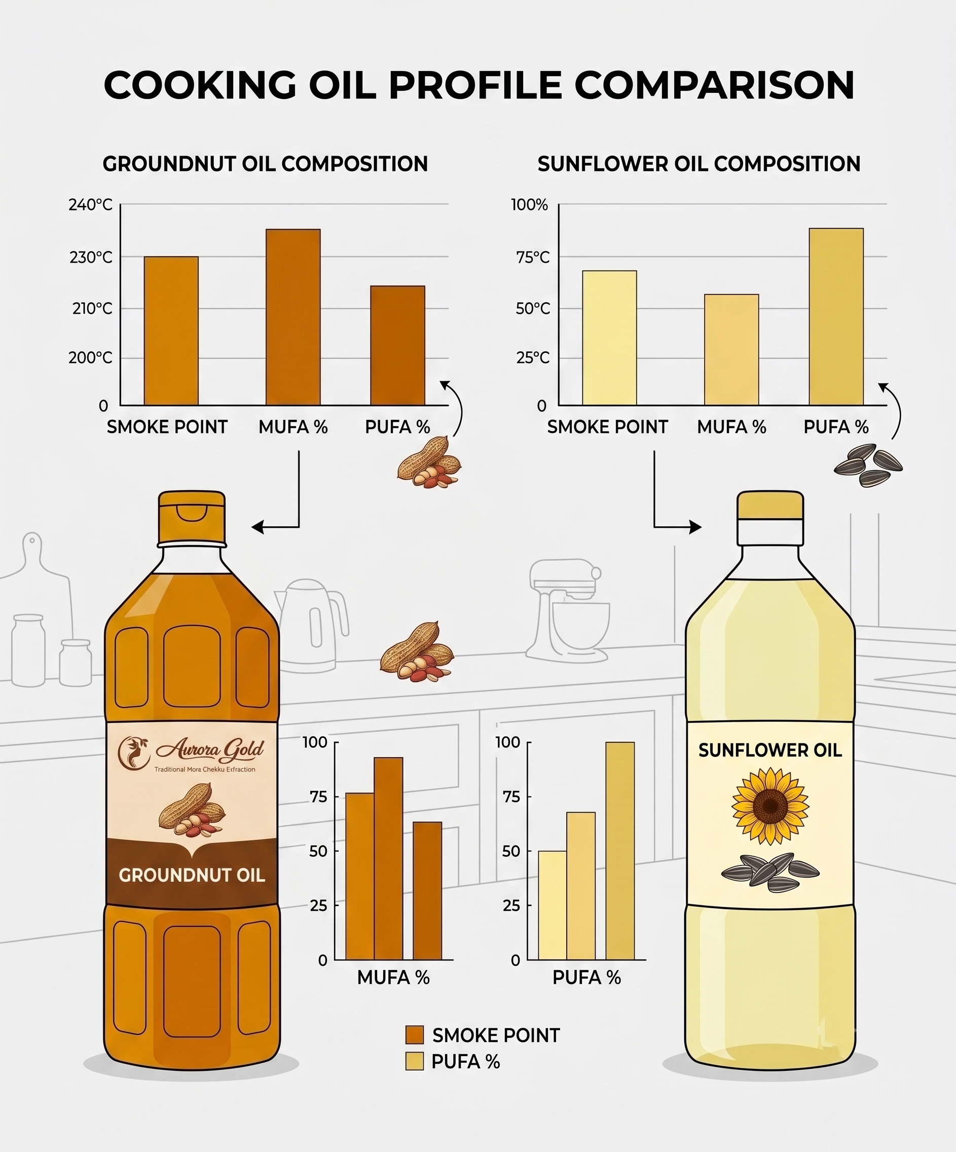 Chart comparing the nutrition profiles of groundnut oil and sunflower oil
