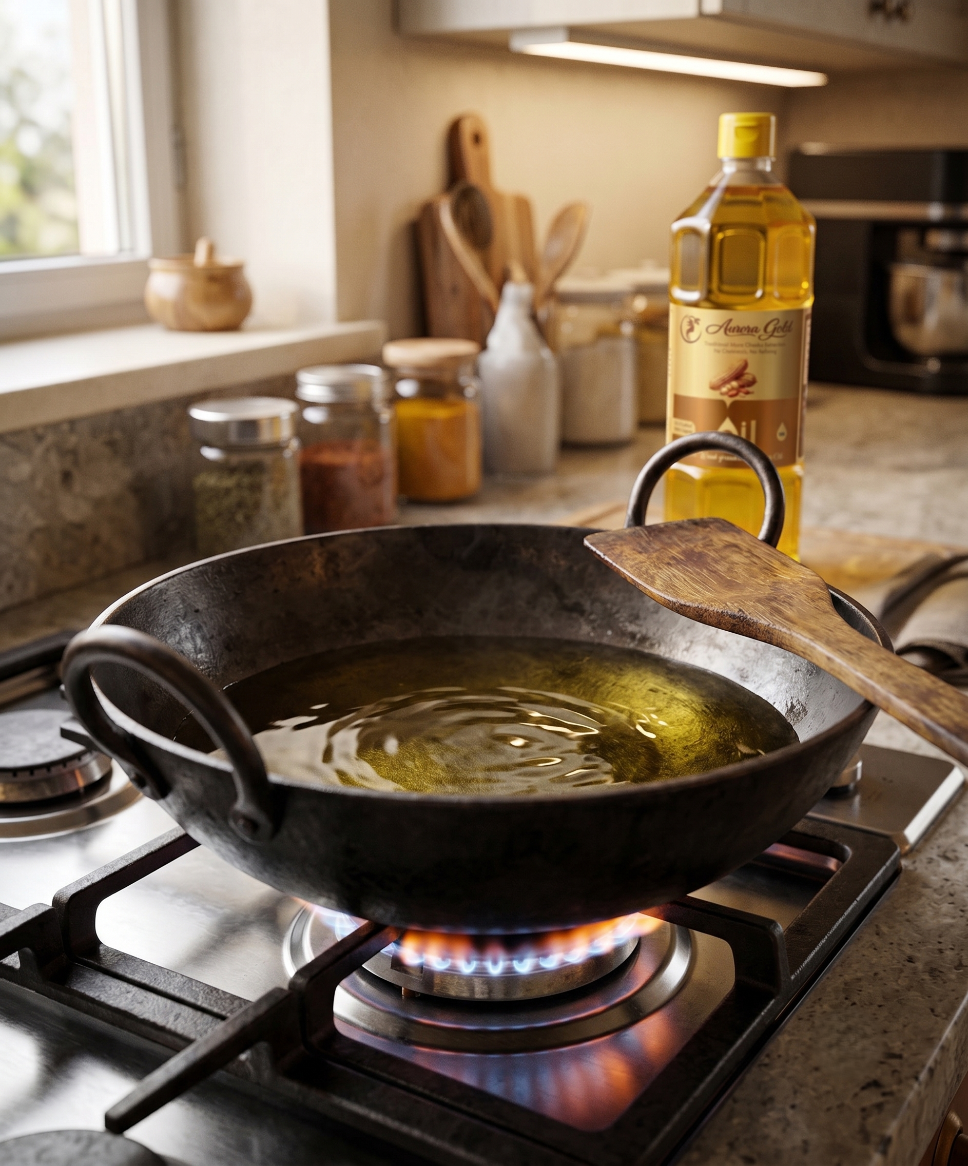 Cooking oil heating in a pan on a kitchen stove