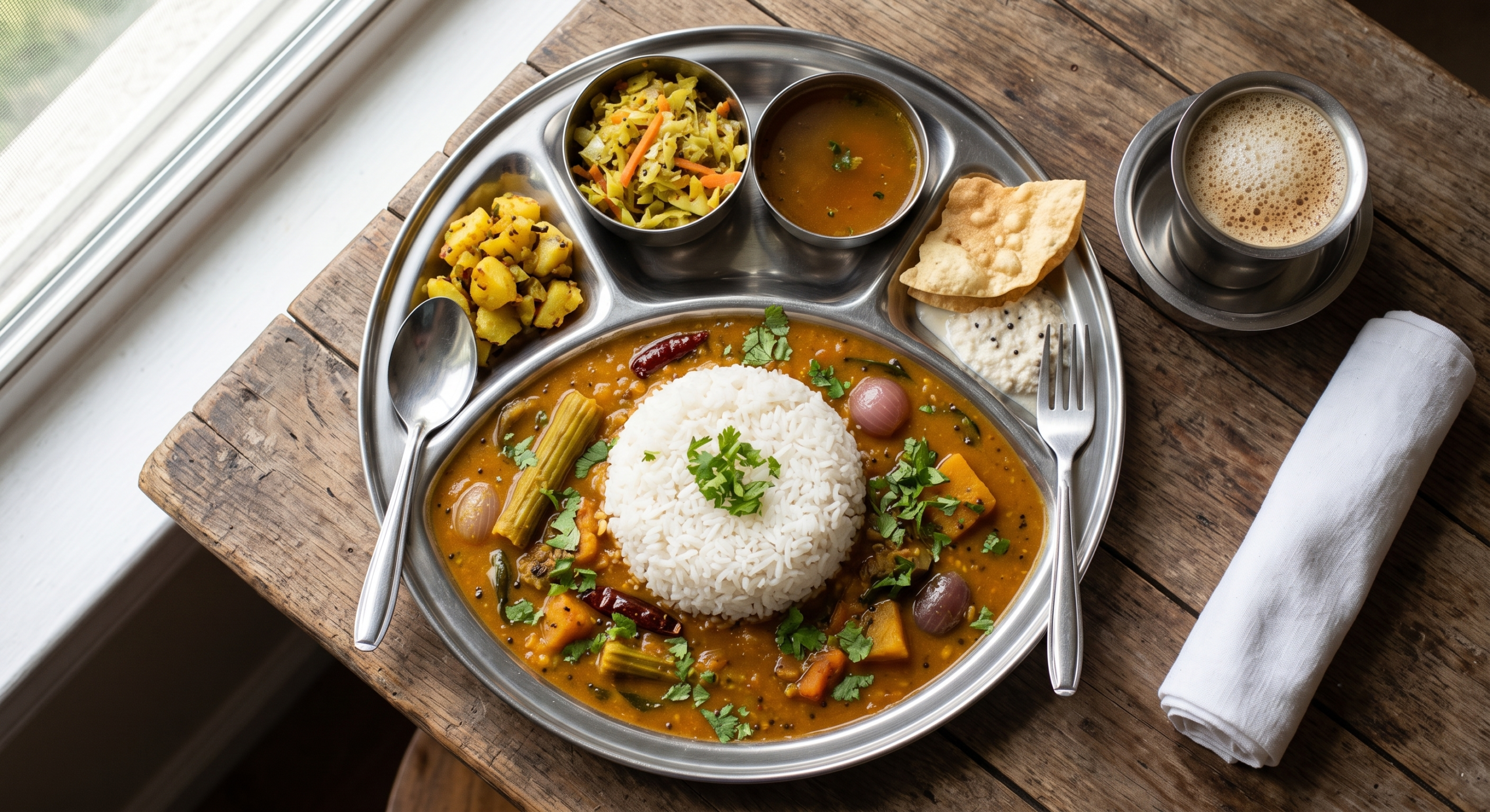 Indian meal served on a plate with side dishes