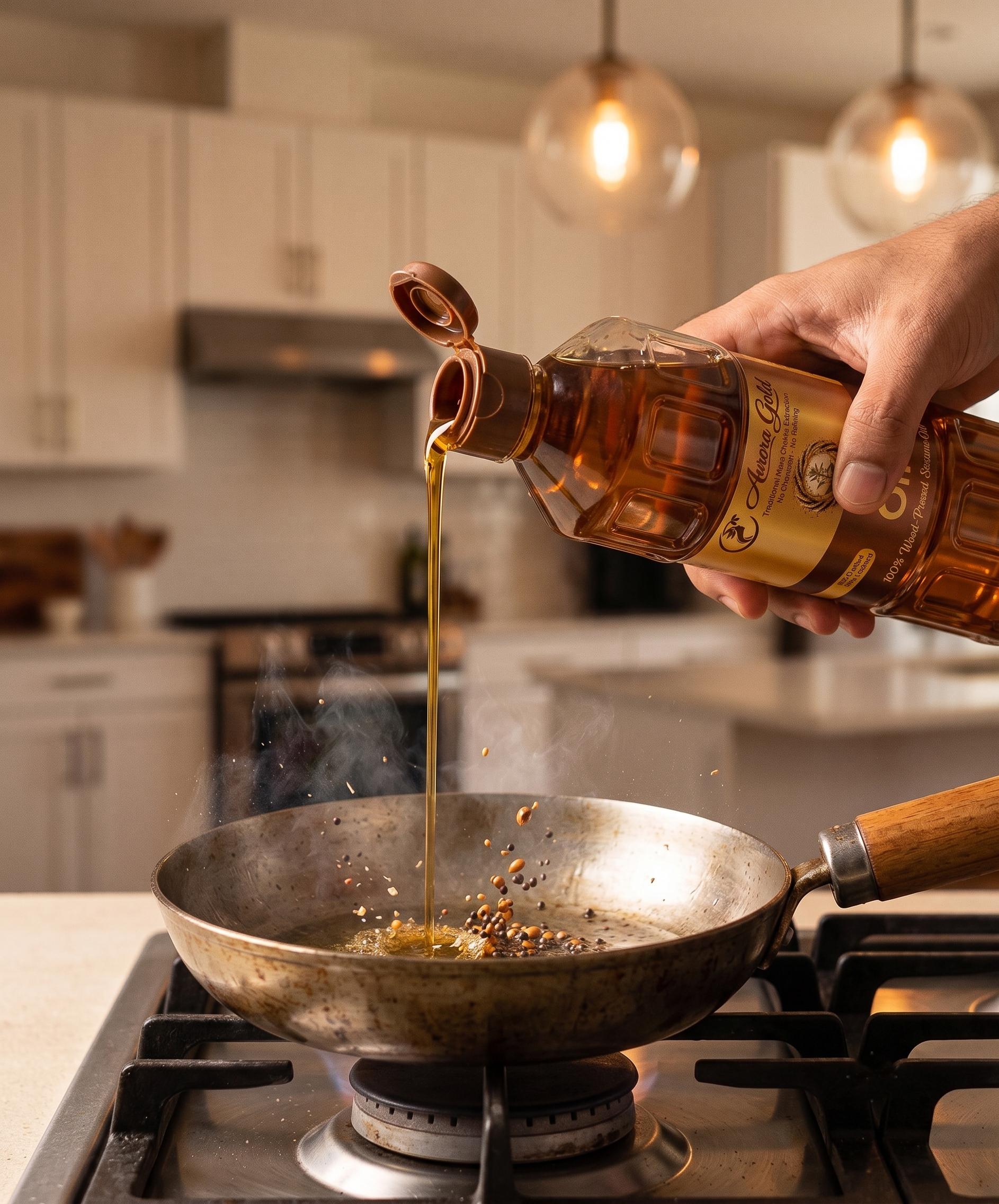 Groundnut oil being poured into a hot cooking pan