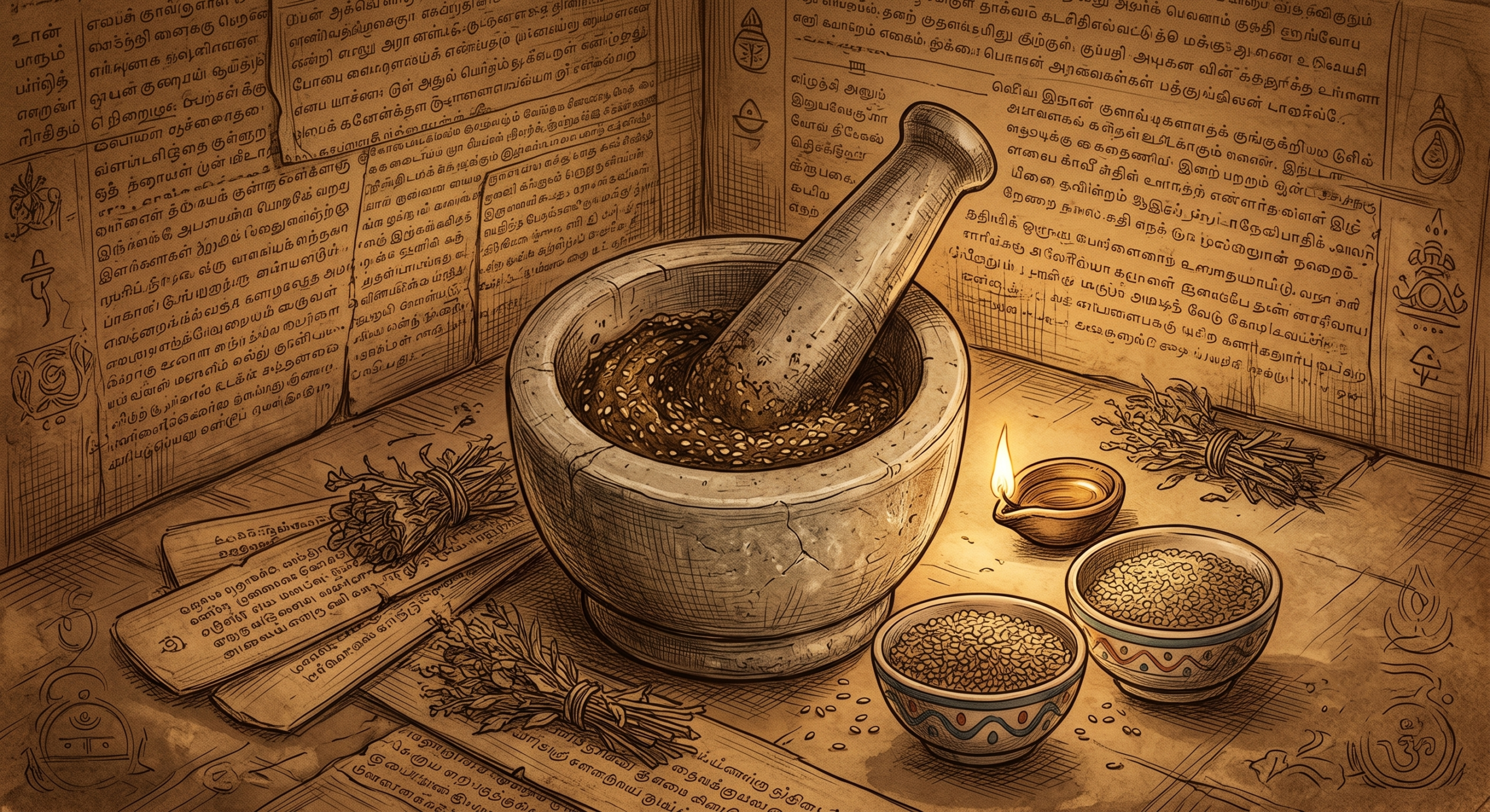 Traditional mortar and sesame ingredients