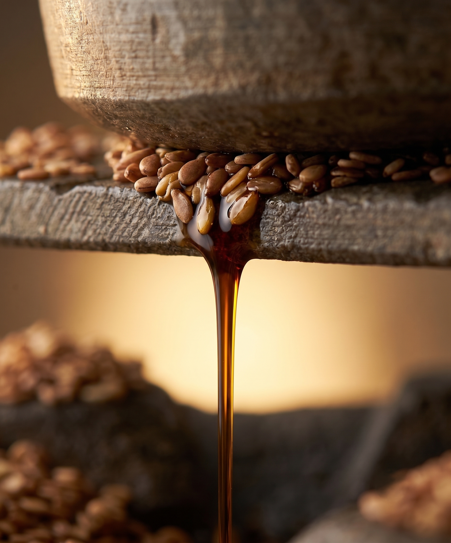 Sesame oil flowing from a traditional wooden press