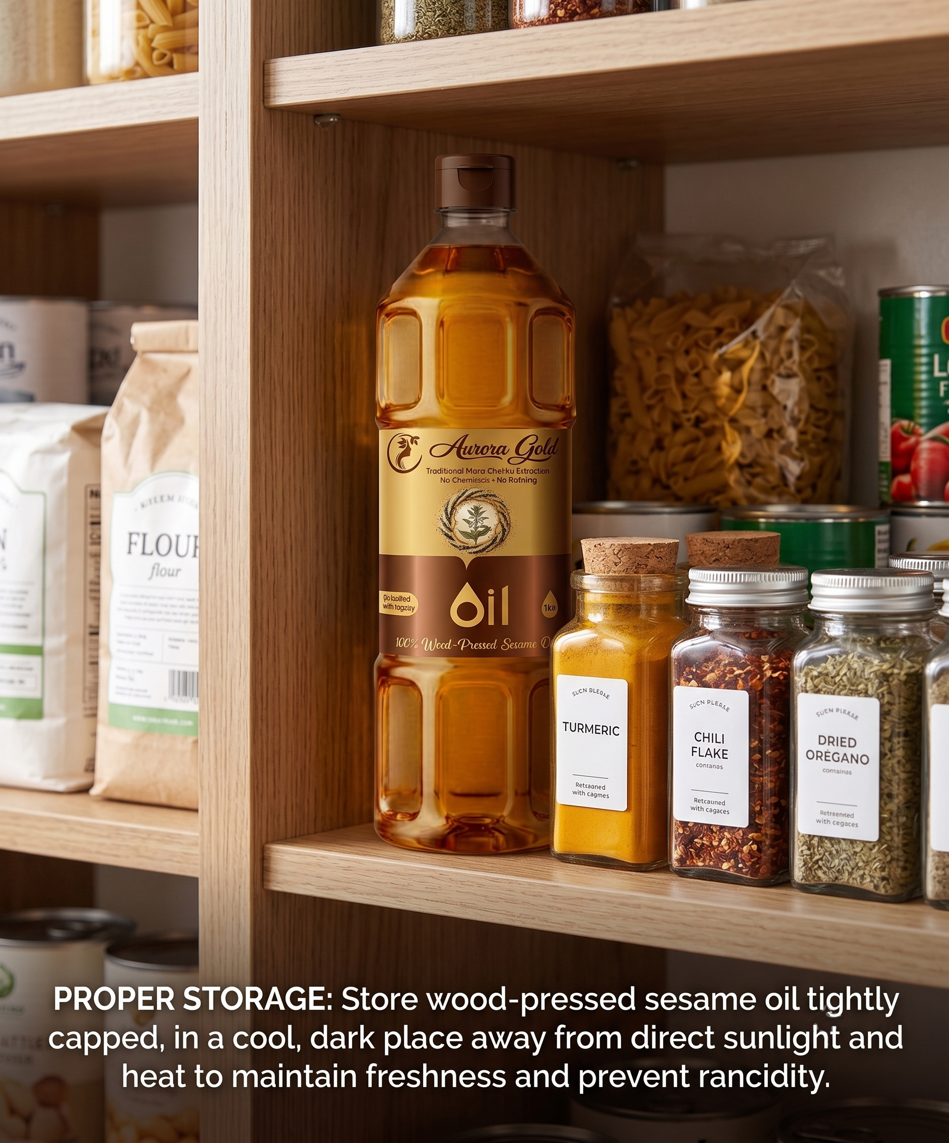 Properly stored sesame oil bottles in a pantry